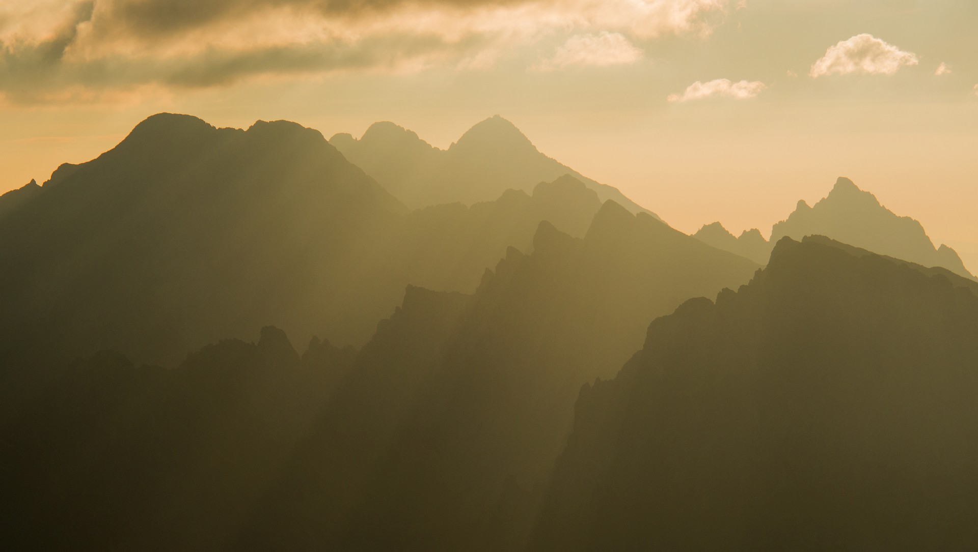 Tatrzańskie olbrzymy o świcie: Lodowy, Durny, Łomnica, Mały Lodowy, Jaworowy, Pośrednia Grań...